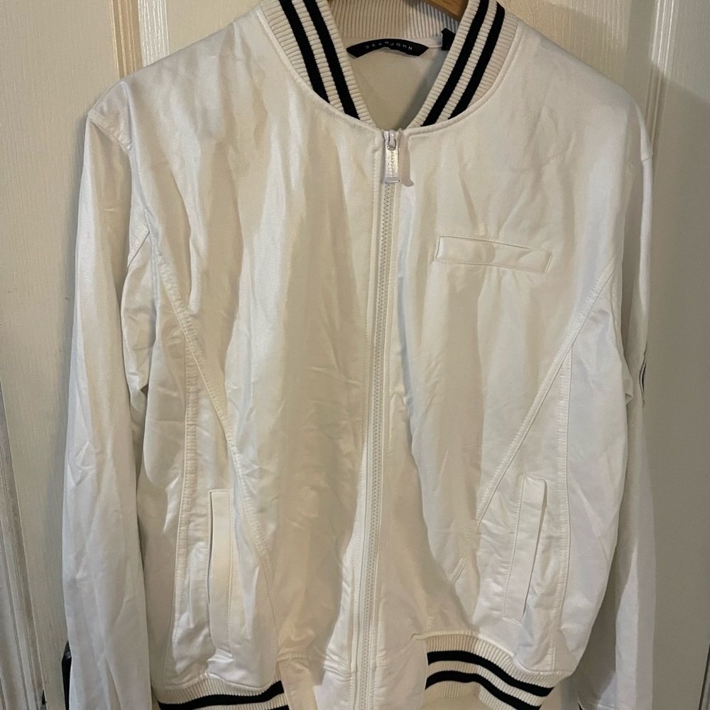 Vintage Sean John Ivory Bomber Jacket with Striped Accents